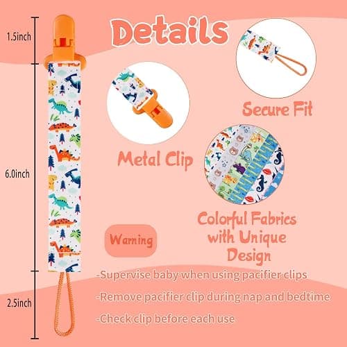 12 Pack Pacifier Clips with Strap 25.5cm - Premium Polyester Baby Pacifier Holder Set, Multi-Design Clips for Boys Girls （Multi Color C） thumbnail 4