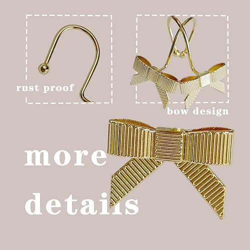 Dylrauoza Shower Curtain Hooks, Gold Bow Metal Rust Proof, 12 Pack Decorative Shower Rings for Bathroom thumbnail 3