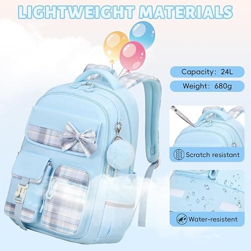 Tanou School Bag Girl Kids Backpack, Water-resistant Bookbag Teenager Daypack, Kawaii Checked Satchel for Girls 9-16 Years with Trolley Strap thumbnail 6