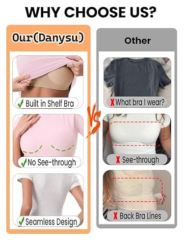 Danysu Womens Tops with Built in Bra Short Sleeve Fitted Crop T Shirt | No See Through, Bra Free, Seamless, Stretchy Breathable Cotton Jersey, Slim Fit, Going Out, Workout, Casual Cute Summer Top thumbnail 4