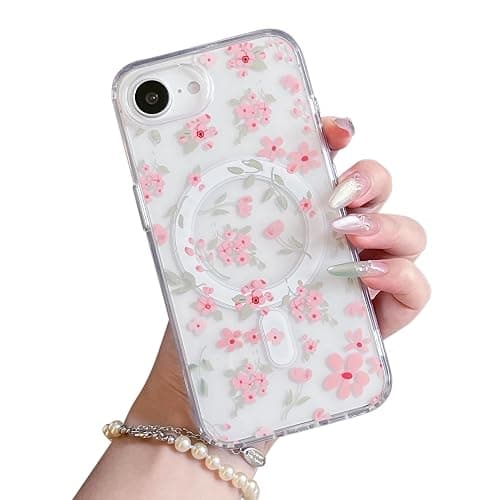 QLTYPRI Magnetic for iPhone 16e Case Compatible with Magsafe, Cute Floral Flower Aesthetic Phone Case Slim Clear Anti-Yellowing Shockproof Phone Cover for Girls Women - Pink - Image 1