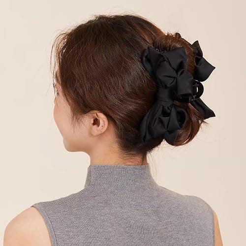 3 PCS Large Bow Hair Claw Clips Satin Bow Claw Clip for Women Girl with Long Thick Hair 5.9 inch Elegant Hair Ribbon Design for all types Big (Black+White+Pink) thumbnail 6