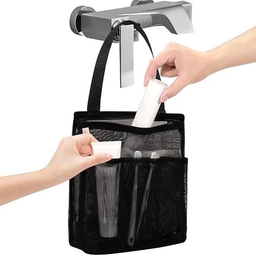 famichan Portable Mesh Shower Caddy, Gym Travel Camp Dorm Room Essentials for College Student Boy Girl, Bathroom Shower Bag - Black - Image 1