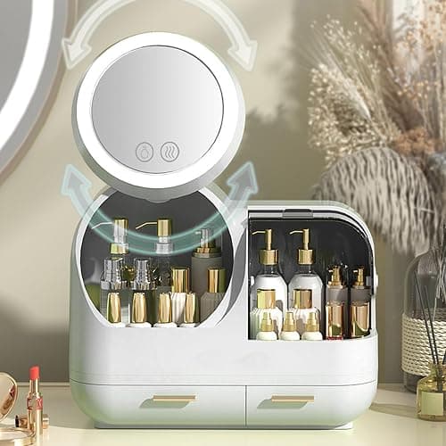 HURRISE Mirror Fan Makeup Case,Portable Makeup Organizer with Mirror and LED Light,Cosmetic Storage Display Case, Large Capacity Mirror Makeup Storage Box for Women (White) thumbnail 4