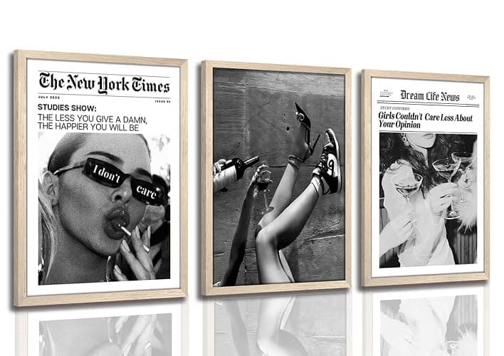 Trendy The New York Times Wall Art 16x24 in Wood Framed Black and White Elegant Urban Feminist Canvas Posters Retro Trendy Cocktail Girly Posters Bar Cart Newspaper Living Room Wall Decor Set of 3 - Image 1
