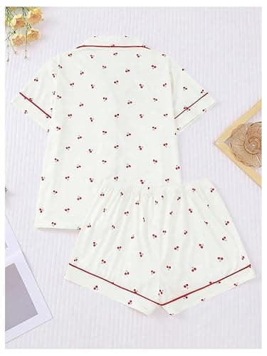 BEAUDRM Women's Two Piece Pajama Sets Allover Print Short Sleeve Sleepwear Button Down Shirt and Bow Shorts Pj Set Loungewear thumbnail 2