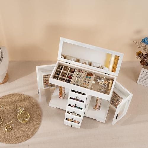 Miratino Jewelry Box for Women Girls, Wooden Jewelry Organizer Box with Mirror, 5 Layer Jewelry Storage Case Display for Necklaces Earrings Rings Bracelets Valentine's Day Gifts thumbnail 6