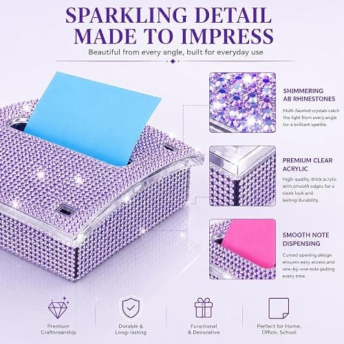Rhinestone Sticky Note Holder for Desk, 4x4 Inch, with 100 Sheet Notepad | Bling Note Dispenser Office Desk Accessories Pop Up Note Holder for Cute Office Desk Accessories Women Coworker Gifts, Purple thumbnail 5