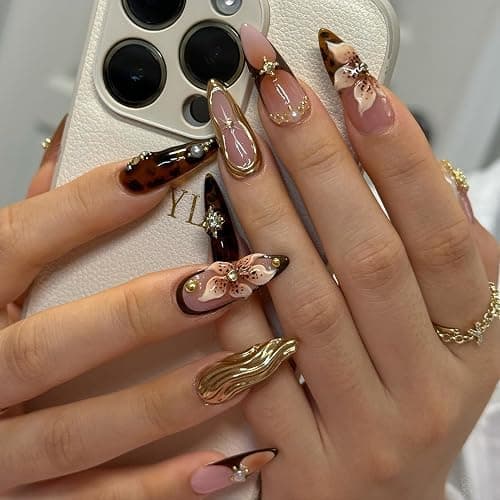Gleamrain Stiletto Press on Nails Long Almond Brown False Nail with Flower and Swirl Designs 3d Fall Nails Press Ons for Women 24pcs - Image 1