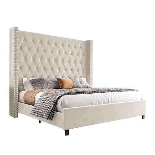 PaPaJet Queen Size Bed Frame with 61.4" Tall Headboard, Velvet Modern Upholstered Tufted Bed for Adults, Handmade Deep Button Tufting, Solid Wood Legs, No Box Spring Required, Cream thumbnail 9