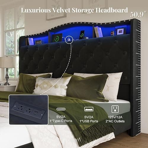 Belffin Queen Size Platform Bed Frame with 50.9" LED Headboard, Black | Velvet Upholstered Low-profile Bed, Handmade Tufting, Nailhead Wingback, Tall Footboard, Storage with Charger, Noise-Free thumbnail 3