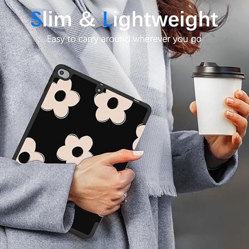 Lornpa Case for iPad 6th/ 5th Generation 9.7 inch (2018/2017), iPad Air 2 & 1 (2014/2013), Protective Case with Pencil Holder, Auto Wake/Sleep Cover for iPad 6th Gen, Black Flowers thumbnail 7