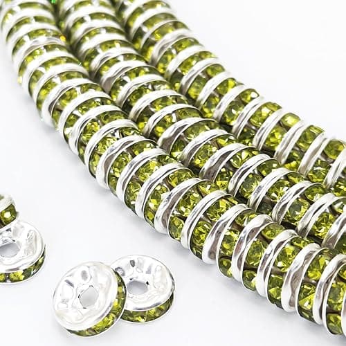 MIIIM 300pcs Olive Rondelle Spacer Beads, 8mm Diamond Rhinestone Focal Beads for Jewelry Making, Pens, Silver Spacer Charms for Bracelets - Image 1