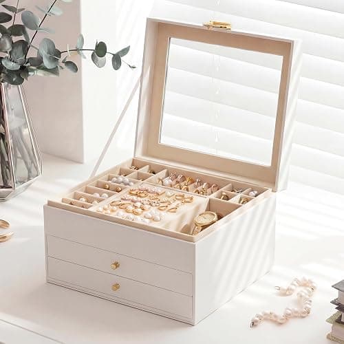 GeeBom Jewelry Box - 3 Layer Jewelry Organizers and Storage with Clear Lid & 2 Drawers,Jewelry Boxes for Women, Watch Necklace Ring Earring Storage Gift Case, Cloud White thumbnail 8