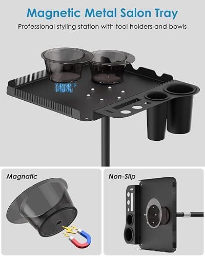 Salon Tray on Wheels,Metal Tray Rolling Cart with 2 Magnetic Bowls,Tattoo Tray, Salon Station with Hairstylist Holder and Hair Separator Stand,Multi-Function Adjustable with Wheels thumbnail 4