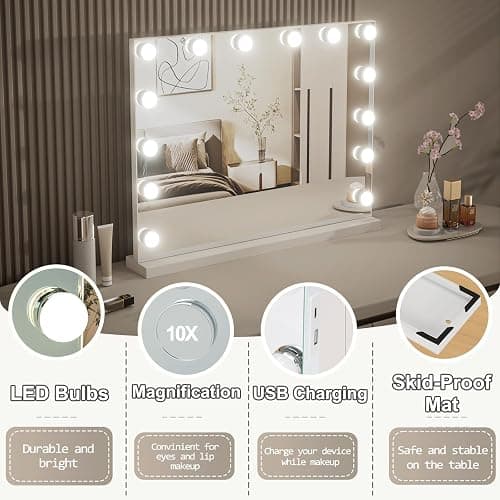 LIANWANG Hollywood Schminkspiegel mit Beleuchtung, Tischspiegel mit 14 LED Licht Dimmbar, 3 Farbtemperatur, Wandspiegel mit Touchscreen, Touch Control für Tochter, 50x42cm thumbnail 5