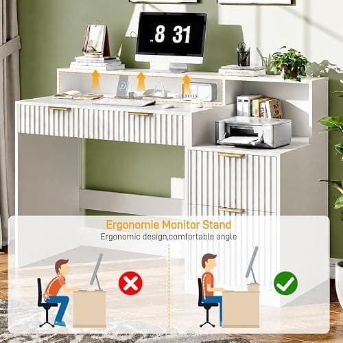 Vabches Fluted Computer Desk with Drawers, Home Office Desk with Power Outlets, Printer Stand and Storage Cabinet, Study Writing Desks with Long Monitor Stand, White thumbnail 5