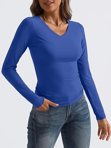 Trendy Queen Long Sleeve Shirts for Women 2025 Fall Fashion V Neck Basics Crop Tops Slim Fitted Y2K Tops Outfits Clothes thumbnail 3