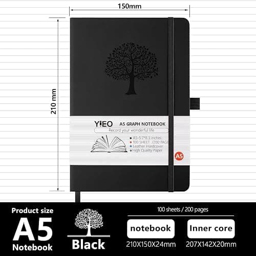 A5 Journal Notebook Graph Paper, 200 Pages Leather Squared Journal Notebook for Women Men, Hardback Note Book with 80GSM Grid Paper, No Bleed for Writing, Notepad for Office School Supplies, Black thumbnail 3
