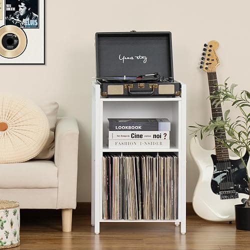 YAHARBO Record Player Stand, 3-Shelf Vinyl Record Holder with Storage, White Record Stand, Vintage Turntable Stand Holds Up to 100 Albums,Record Table with Handle for Living Room,Bedroom thumbnail 7