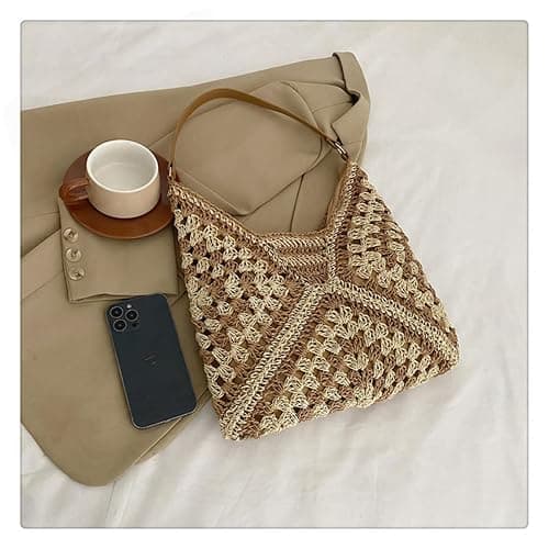 Straw Hobo Bag for Women 2026 Boho Woven Beach Purse Large Summer Straw Tote with Lining Black Raffia Shoulder Bag | straw material thumbnail 6