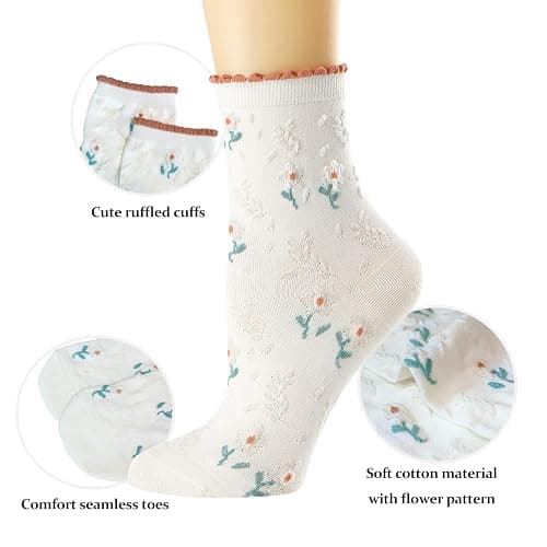 albagu Women's Ruffle Socks, Casual Cotton Cute Novelty Socks, Breathable Crew Socks for Women Girl 5 Pairs thumbnail 3