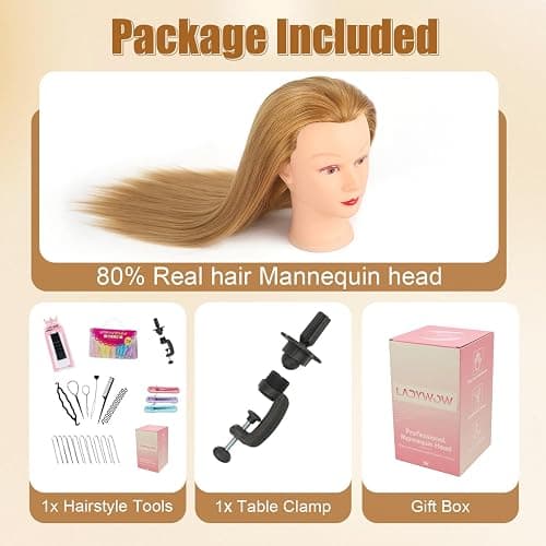 Mannequin Head with 80% Human Hair Face Mannequin Head for Hair styling Practice - Curling, Braiding, Cutting Multiple Hair Colors with Table Clamp Stand for Kids and Professionals 28inch thumbnail 6