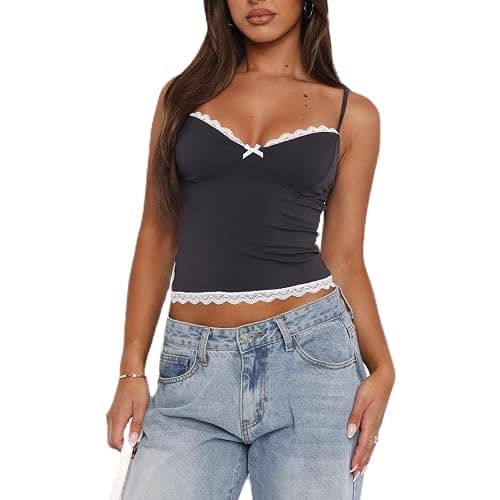 Women Y2k Spaghetti Strap Camisole Crop Top Deep V Neeck Slim Fitted Vest Going Out Shirt Tank Tops Streetwear - Image 1