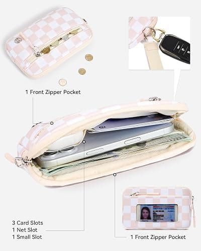 BOSTANTEN Wristlet Wallets for Women RFID Checkered Wallet with ID Window Nylon Wristlet Purse with 3 Zippers Dusty Pink thumbnail 3