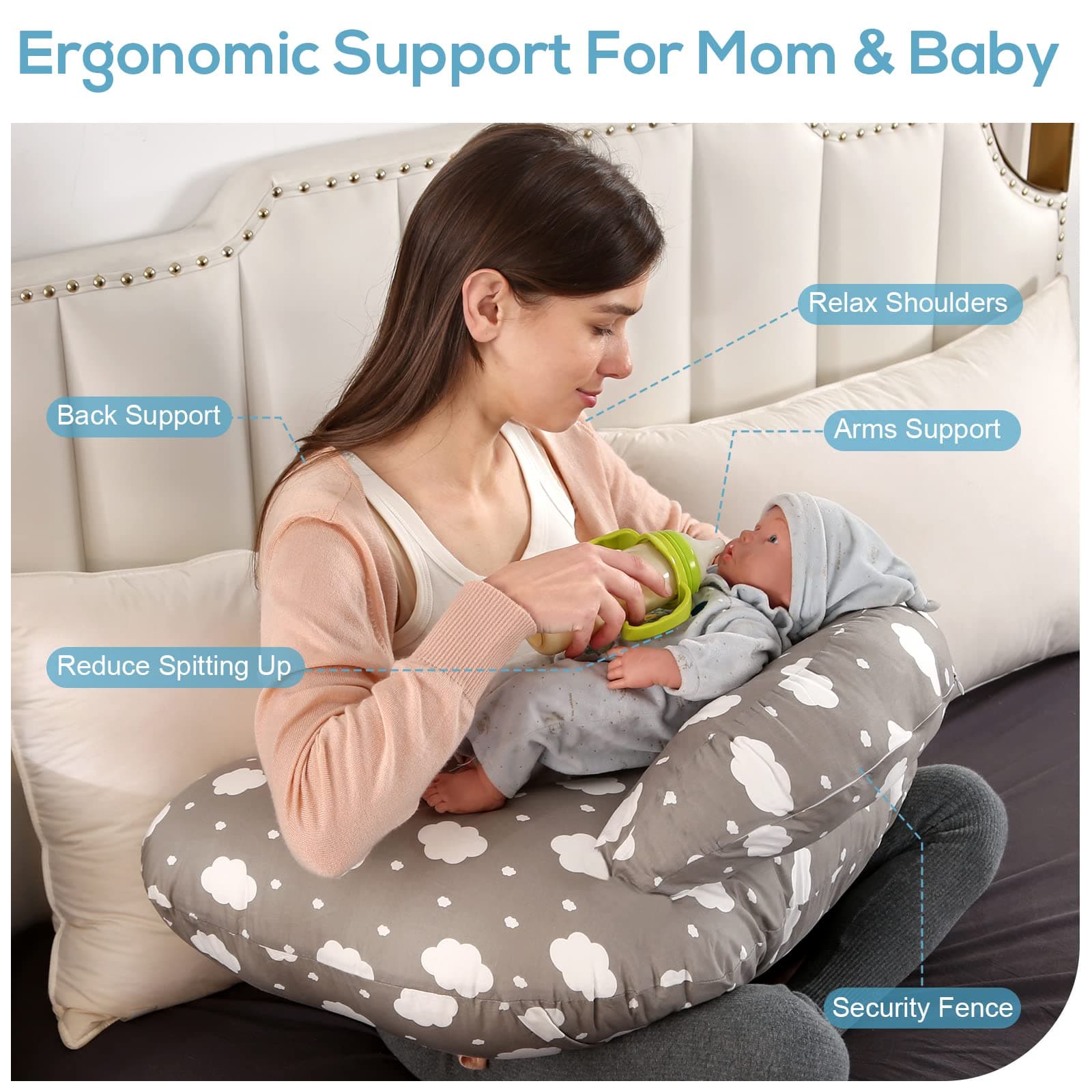 Nursing Pillow for Breastfeeding, Multifunctional Breast Feeding Pillow with Adjustable Waist Strap and Safety Fence, 100% Cotton Removable Pillowcase, Pregnancy Gift Grey thumbnail 6