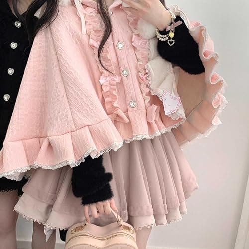 Cuteighteen Kawaii Lolita Hooded Cloak Teens Cape Fleece Lined Jacket Winter Coat Hoodie Lace Trim Poncho Sweater thumbnail 2