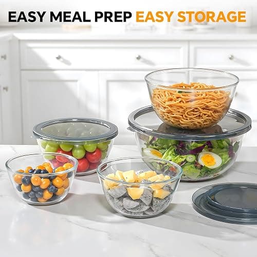 Glass Mixing Bowls with Lids Set of 5(4.78QT,2.2QT,1.7QT,1.1QT,0.85QT),Thick Glass Nesting Bowls for Kitchen Baking,Cooking Prep,Storage,Serving,Large Salad Bowls,Dishwasher Microwave Freezer Safe thumbnail 4
