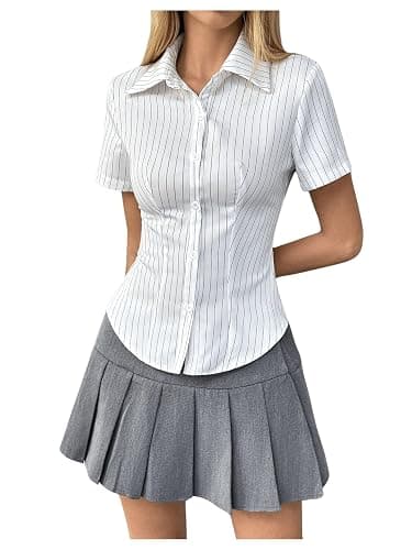 SweatyRocks Women's Striped Button Down Shirt Short Sleeve Collared Fitted Work Office Blouse Dressy Tops - Image 1