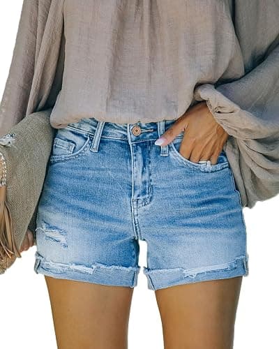 MEMVU Jean Shorts Womens Mid Rise Stretchy Frayed Raw Hem Denim Shorts | Women's Jean Shorts Casual,Stretch,Breathable,Ripped Distressed,Trendy Cute,Beach Vacation Summer Shorts,Daily Wear - Image 1