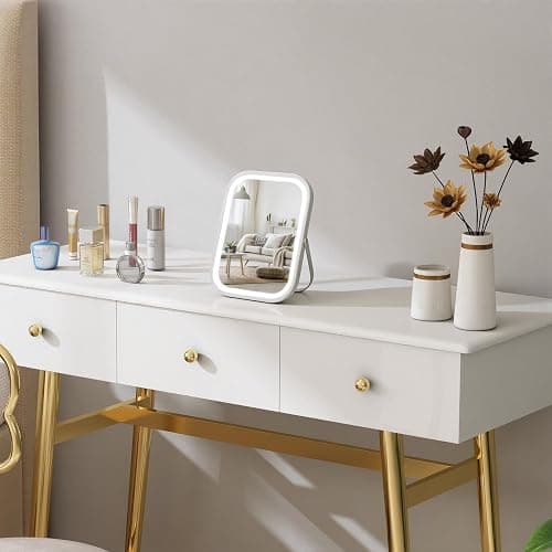 Rechargeable Travel Makeup Mirror, 8"×6" Small Vanity Mirror with Lights, 1500mAH Battery, 3-Color Lighting, Dimmable, 360° Rotation, Portable Desk Mirror with Storage Pouch, Travel Essentials (White) thumbnail 10