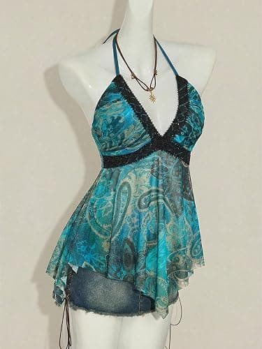 BEAUDRM Women's Leopard Halter Top Y2k Vintage Cheetah Flowy Tie Backless Asymmetrical Tops Party Club Going Out Outfits thumbnail 4