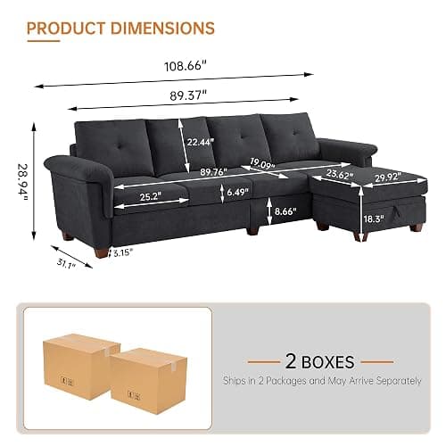 Pingliang Home 4-Seat Sectional Couches for Living Room, Bedroom, Office, L Shape Convertible Sectional Sofa Couch with Ottoman and Cup Holders, Dark Grey thumbnail 3