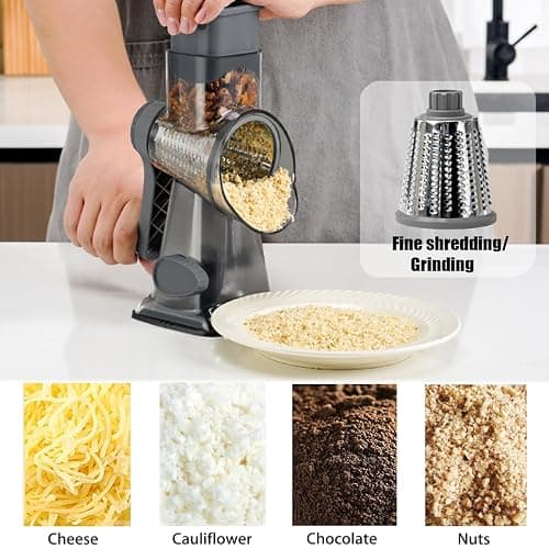 Rotary Cheese Grater Shredder with Handle Handheld Round Mandoline Vegetable Slicer Carrot Shredder Nut Grinder with 3 Replaceable Stainless Steel Drum Blades and Upgrade Strong Suction, Dark Grey thumbnail 4