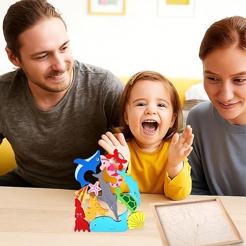 LovesTown Wooden Stacking Puzzle, 12PCS, Sea Animal | for Toddler, Preschool Learning, Montessori Toy, Develops Balance, Focus & Fine Motor Skills, Screenless Play thumbnail 4