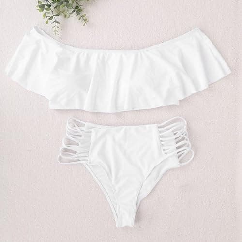 Akklian Women Two Piece Swimsuits Ruffled Plus Size Bikini Sets High Waisted Cutout Tummy Control Off Shoulder Bathing Suits thumbnail 5