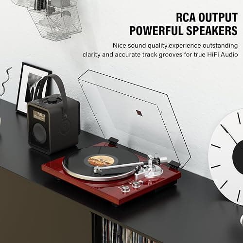 Belt Drive Turntable for Vinyl Record Player,Connect with Bluetooth Speakers or Active Speaker,Built-in Phono Pre-amp,USB Digital Output, Magnetic Cartridge,High-Gloss Wood Design(Red) thumbnail 6