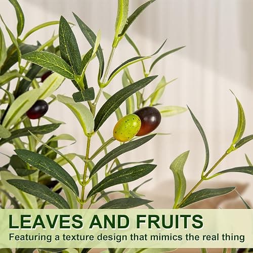 VIVATREES Olive Trees Artificial Indoor, 5FT Tall Faux Olive Tree with White Tall Planter, Artificial Plants with Natural Wood Trunk and Lifelike Fruits for Home Office Decor thumbnail 6