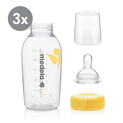 Medela Breast Milk Storage Bottles, 3 Pack of 8 Ounce Breastfeeding Bottles with Nipples, Lids, Wide Base Collars, and Travel Caps, Made Without BPA thumbnail 2