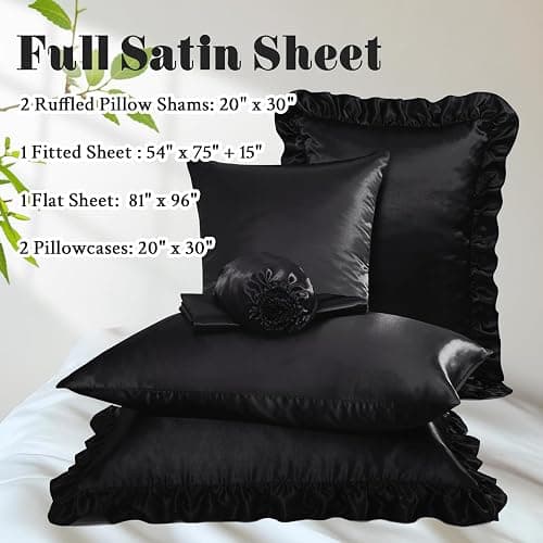 Homiest Ruffled Satin Sheets Full Size 6pc Set - Black Bed Sheet Set with 15 Inch Deep Pocket Fitted Sheet, 1 Flat Sheet, 2 Ruffled Pillow Shams & 2 Pillowcases, Similar to Silk Sheets thumbnail 3