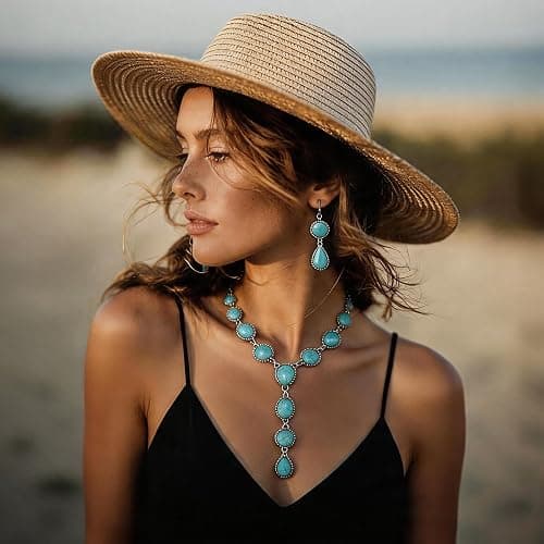 Montana West Western Turquoise Necklace and Earrings Set Jewelry for Women | Vintage western concho style with alloy metal and matching dangle earrings for cowgirl, country, rodeo and boho outfits thumbnail 5