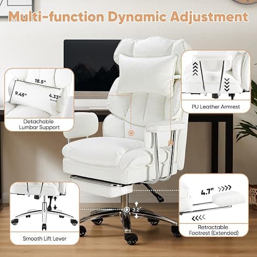 Sweetcrispy Executive Home Office Desk Chair - Ergonomic Big Tall High Back with Footrest & Lumbar Support, Reclining Height Adjustable, Comfy PU Leather Computer Gaming with Swivel Wheels, White thumbnail 7