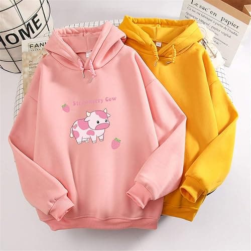 KEEVICI Pullover Sweatshirts for Women Cute Strawberry Cow Print Hoodie Casual Fuzzy Top thumbnail 4
