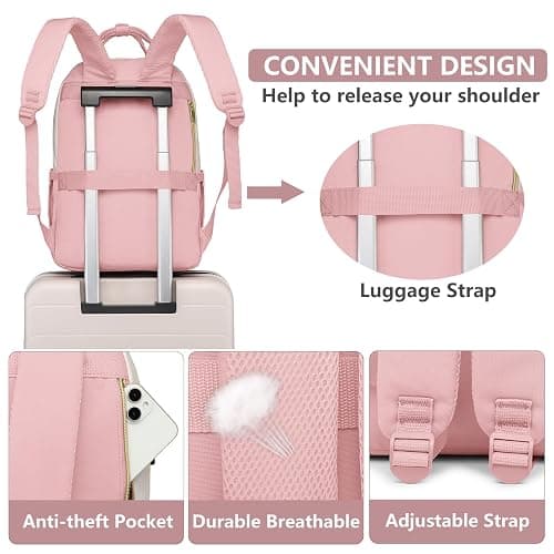 School Backpack for Women Teen Girls - 15.6 inch Laptop Backpack with USB Charger Waterproof College Bookbag Casual Daypack Computer Backpack for Work Travel Backpacks for Teacher Nurse Pink Beige thumbnail 5