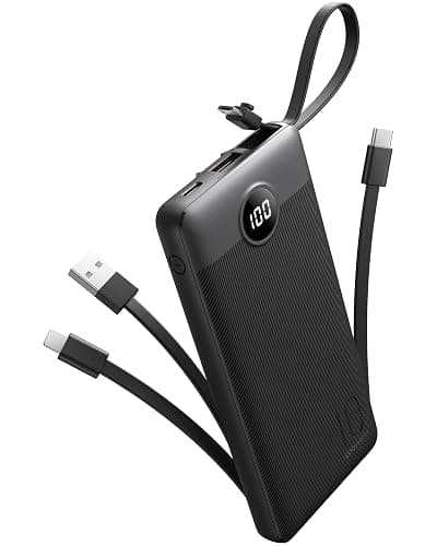 Coowisty Portable Charger with Built-in Cables, Slim 10000mAh Power Bank with USB C, Travel Essentials External Battery Pack 5 Outputs 2 Inputs LED Display Compatible with iPhone/Android & More(Black) - Image 1