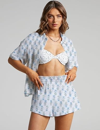 Flygo Womens Floral Pajamas Set Casual 2 Piece Outfits Button Down Shirt Shorts Linen Pj Lounge Sets Beach Vacation Wear thumbnail 2